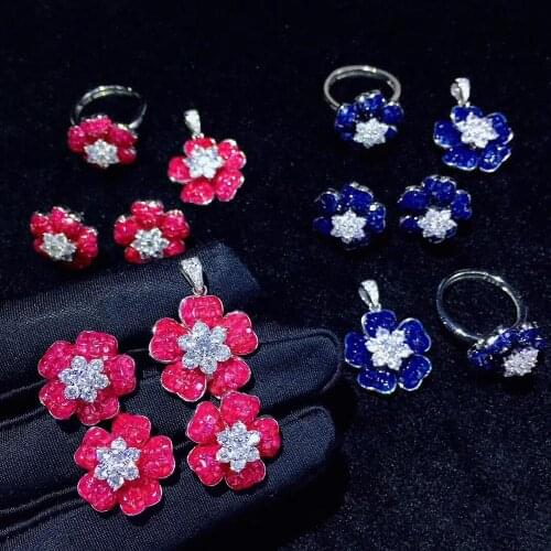 Jewelry set 925 sterling silver with cubic zircon flower earring ring and pendant blue rose red color fine jewelry