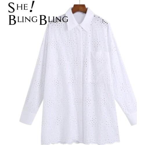 SheBlingBling Za Women Shirts White Oversized Button Up Collared Shirt 2021 Long Sleeve Embroidery Female Tops Ruffle Blouses