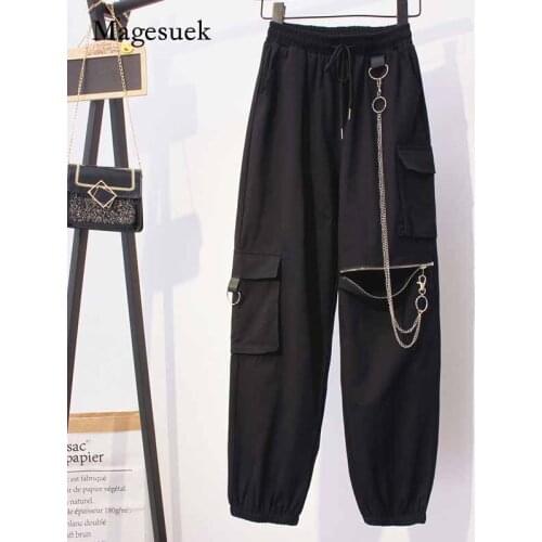 Mujer Pantalones Women Capri Elastic Strap with Chain Harem Pants Black High Waist Zipper Casual Cargo Pants for Women 10652