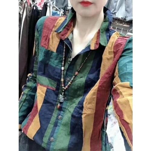 Cotton Linen Striped Women Shirts Vintage Straight Casual All Match Female Outwear Tops