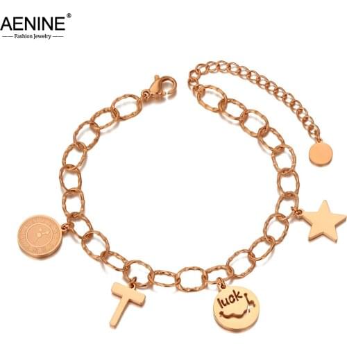 AENINE Titanium 316L Stainless Steel Bohemia Beach Chain Link Bracelets For Women Trendy Bell Luck Star Charm Bracelet AB20122