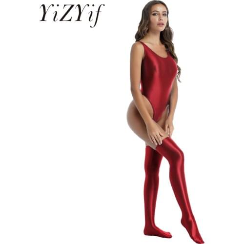 Womens Sexy Lingerie Bodysuit Set with Stocking Glossy Stretchy Round Neck High Cut Swimsuit Stage Show Clubwear Rave Costume