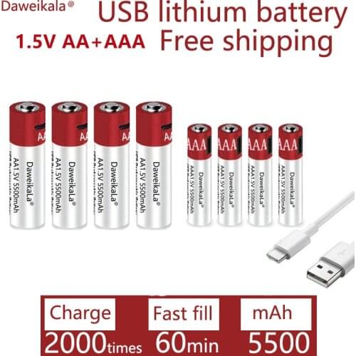 2021 AA + AAA Battery new large capacity 5500mah rechargeable lithium ion battery AA 1.5V USB fast charging lithium ion battery