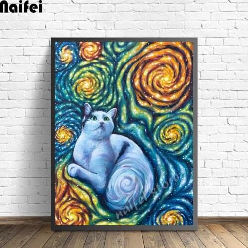 Diamond Painting Starry Night white Cat 5d diy Handmade Full Square round drill Picture Of Rhinestone Diamond Embroidery