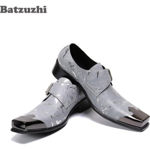 Batzuzhi Personality Genuine Leather Shoes Men Square Toe Metal Cap Mens Leather Dress Shoes Chaussures Hommes, Sizes EU38-46