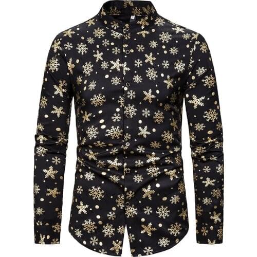 Shiny Gold Print Christmas Shirt Men Slim Fit Long Sleeve Button Down Dress Shirt Mens Club Party Bronzing Shirts Camisas Hombre