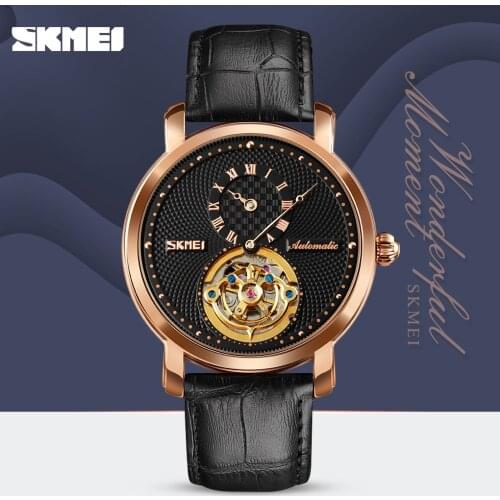 SKMEI Elegant Mechanical Mens Watches Leather Strap Round Hollow Dial Men Wrist Watch Automatic Male Clock reloj hombre 9240