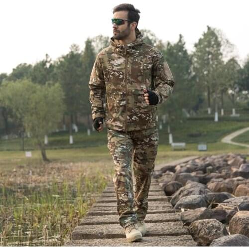 Hot Men Shark Skin Tactical Waterproof Jacket Pants Outdoor Softshell Camping Hiking Climbing Camouflage Coat Trousers Sets