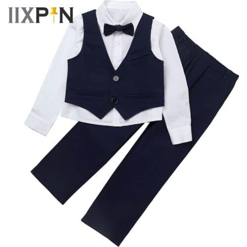 Kids Gentleman Costume Boys Clothes Sets Bowknot Long Sleeve Shirt V Neck Single Breasted Vests Pant 4Pcs Children Party Suits