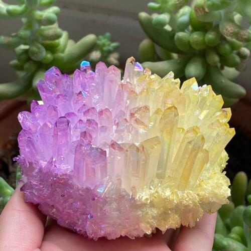 Beautiful Two-tone Aura Quartz Crystal Cluster With Rainbow Light Natural Mineral For Home Decor As Gift