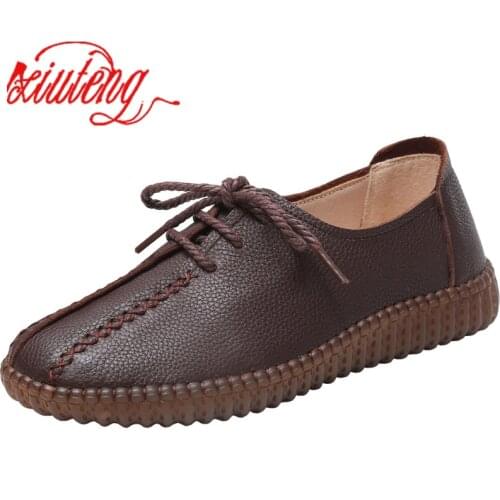 XT Women Flats Comfortable Loafers Shoes Woman Breathable Leather Lace-up Sneakers Women Fashion Black Soft Casual Shoes Female