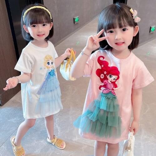Summer Kids Dresses for Girls Pretty Little Girls Costume Frozen Elsa Anna Short Slleeve Shirt-dress Fashion Korean Outfits