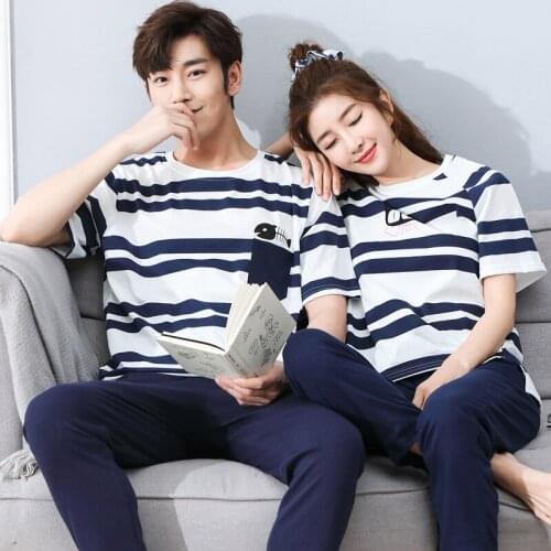 Summer Men Pajamas Set Cotton Striped Short Sleeve Round Neck Couple Pajamas Set Plus Size M-3XL Leisure Loose Lovers Pyjamas