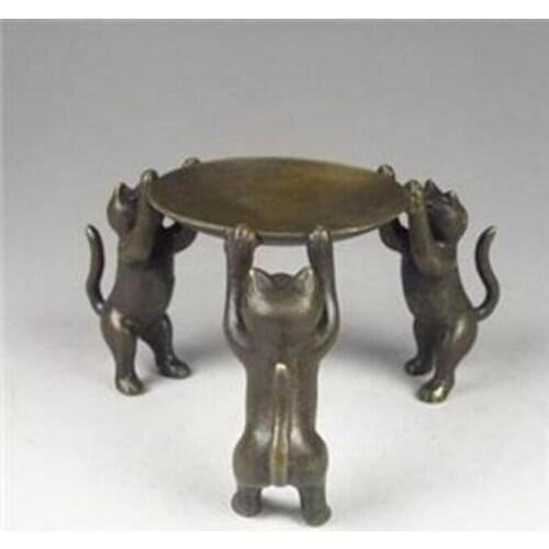 Copper Statue Chinese Bronze Plate Cats Animal 3 Cat oil lamp Candle Holder Candlestick statue