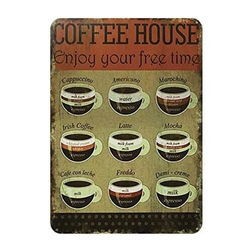 Coffee Menu Vintage Style Metal Sign Iron Painting for Indoor & Outdoor Home Bar Coffee Kitchen Wall Decor 8 X 12 Inch