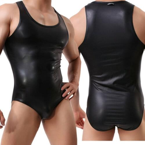 Men Sexy Undershirts Faux Leather Black Bodysuits Wrestling Singlet Jumpsuits Bodybuilding Fitness Sports One-piece Nightwear