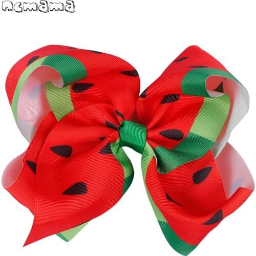 Ncmama 7'' Large Hair Bows for Girls Watermelon Print Ribbon Bowknot with Clips Cute Fruit Hairgrips Party Kids Hair Accessories