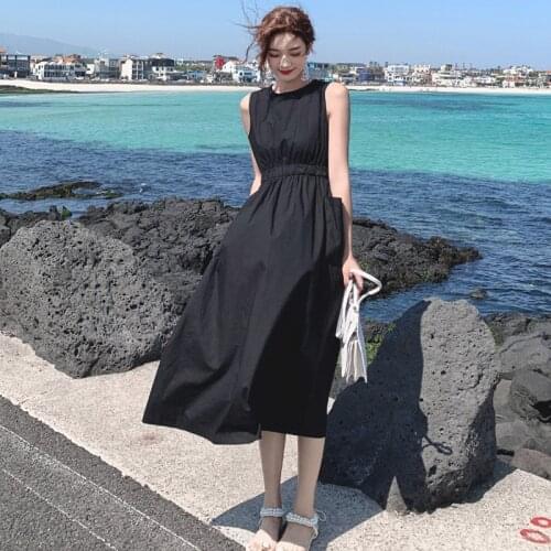 Solid Sleeveless Casual vintage Long Dress Women Elegant Loose Cotton Linen Dress Streetwear O-neck Pocket Dress Plus Size M-7XL