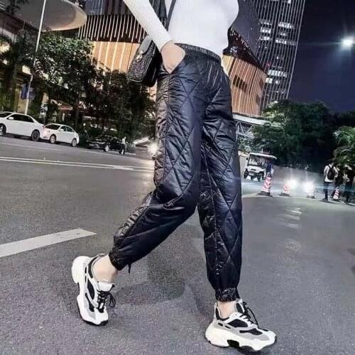 Autumn Winter Warm Down Cotton Pants Women Casual Loose Straight-leg Pants 2021 Fashion Split Pants Feet Diamond Cotton Trousers