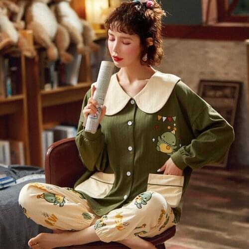 Autumn Pajama Set Womens Cotton Long Sleeve Cardigan Lapel Cartoon Loose Large Size Women Homewear Pyjama