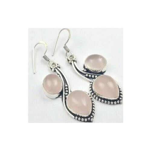 Rose Quarts , Silver Overlay on Copper Earrings ,57mm , E3373