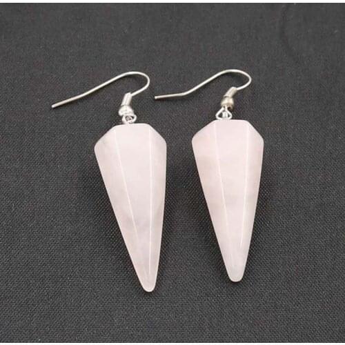 YJXP Silver Plated Hexagon Pyramid Natural Rose Pink Quartz Earrings For Women Jewelry