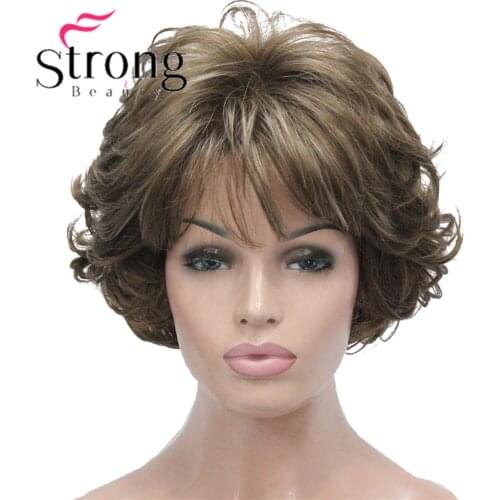 StrongBeauty Short Wig Soft Tousled Curls Brown Highlights Full Synthetic Wigs COLOUR CHOICES
