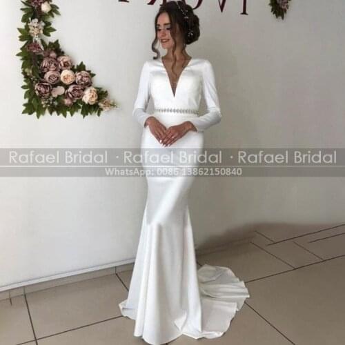 Full Sleeves Sheath Elegant Wedding Dress Backless 2021 Summer Ivory Deep V Neck Sweep Train Straight Bridal Dresses Open Back