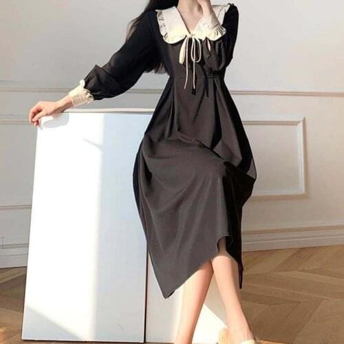 QWEEK Vintage Balck Dress Women 2021 French Peter Pan Collar Elegant Long Sleeve Party Dresses 2021 Fashion Korean Clothes