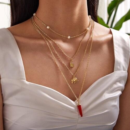 Vintage Multilayer Red Pepper Chili Lock Elephant Pendant Necklace Women Creative Geometric Clavicle Necklace Jewelry YN1628