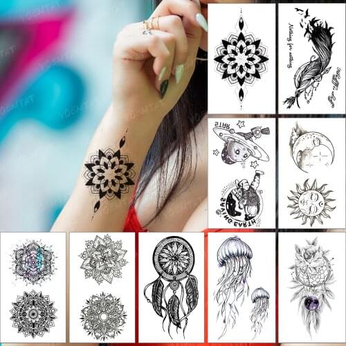 Waterproof Temporary Tattoo Sticker Henna Flower Black Line Tatoo Back Fake Body Art Tatto Woman Man Child Flash Tattoos