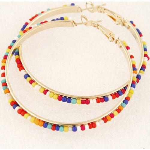 Kymyad Fashion Charm Colorful Beads Hoop Earrings Geometric Round Gold Color Big Earring Fashion Jewelry Women Accessories