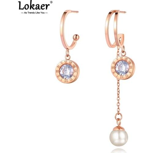 Lokaer Fashion Cubic Zirconia Round Roma Number Earrings Titanium Steel White Pearl Charming Jewelry For Women Girls E21008