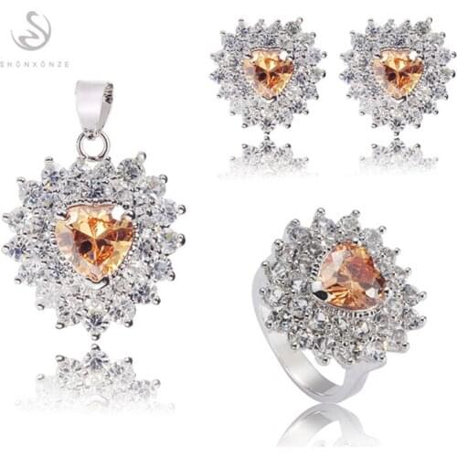 Fleure Esme love wedding jewelry sets for women (ring/earring/pendant) Orange cubic zirconia Rhodium Plated R684set size 6 7 8 9
