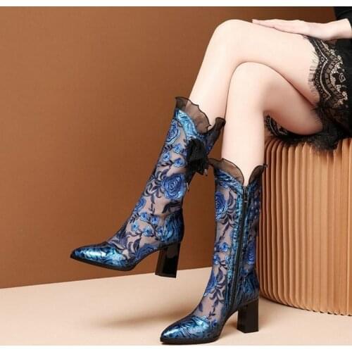 Ethnic Embroidery Flower Women High Boots 2021,Summer Mesh Shoes,Ankle Botas,Pointed Toe,Hollow out,BLACK,BLUE,Dropshipping