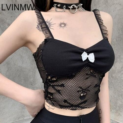 LVINMW Sexy Slim See Through Patchwork Mesh Camis With Lace Bow Labeling Gothic Fashion Crop Top Skull V Neck Tops Women