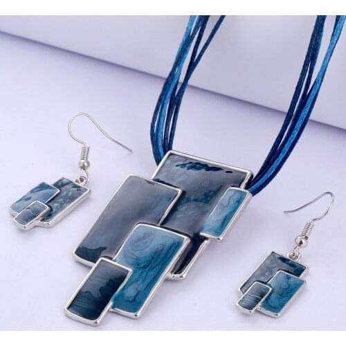 Bohemian Enamel Jewelry Sets For Women Silver Plated Geometric Big Gem Pendant Necklace And Earrings Set Wholesle Jewelry Set