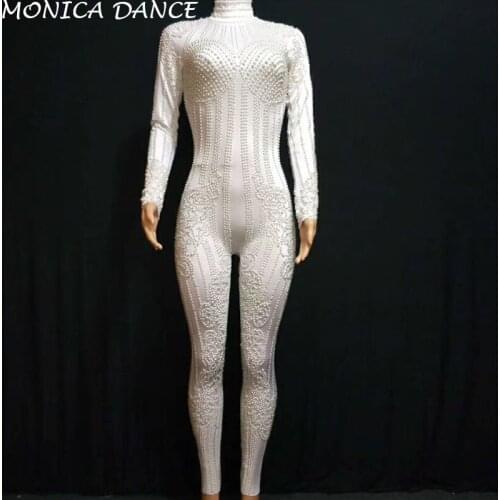 Women Sexy White Pearls Stretch Bodysuit Stage Dance Wear Jumpsuit Party Female Singer Costume Celebrate Dance Outfit