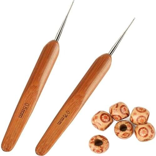 MIUSIE 2 PCS Bamboo Crochet Hook Knitting Needles With 6 Wood Beads Dreads Braiding Hair For Weave Sewing Needles Tool