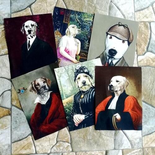 6PCS Medieval dog fabric Hand dyed painting Digital printing cloth 15X20CM cotton canvas handwork DIY A quilt fabric patchwork