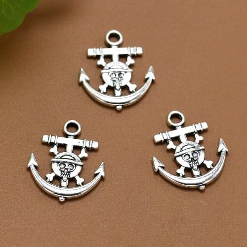 ANGRLY 50pcs 22*18mm Have Hook Up Retro Beaded Handmade Material Skull Head Captain Silver Pirate Pirate Anchor Alloy Pendant