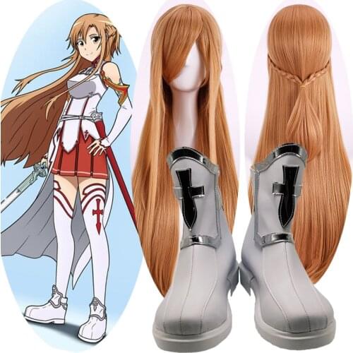 Anime Sword Art Online Asuna Yuuki Dress Cosplay shoes withe Boots for Halloween SAO Asuna Battle Suit Outfits Full Set with Wig