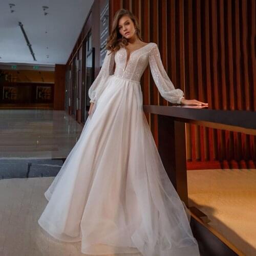 Long Sleeves Bling Tulle Wedding Ball Gowns Low Back Zipper Princess Custom Made Drop Ship Minimalist Sequins Bridal Dresses