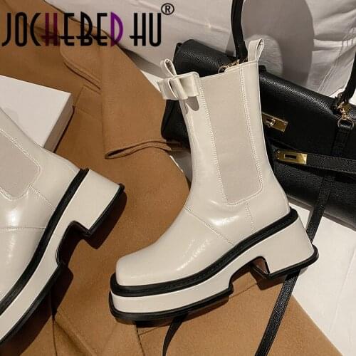 【JOCHEBED HU】2021 Ankle Boots Real Leather High Heel Woman Boots Block Heel Shoes Square Toe Short Boots Ladies Autumn Winter40