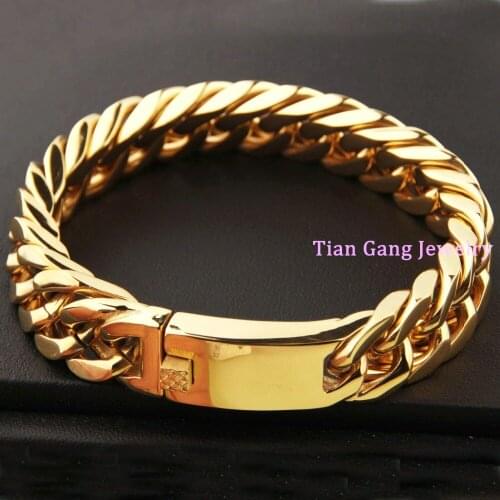 8.66" 15mm or 17mm width choose Gold 316L Stainless Steel Curb Cuban Chain Bangles Bracelet For Mens Jewelry