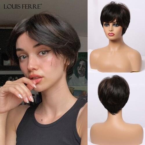 LOUIS FERRE Black Short Straight Synthetic Wig with Full Bangs Daily Cosplay Hair Wig for Women American Afro Wig Heat Resistant