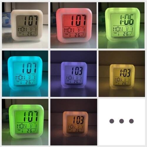 1PC LED Kids Alarm Clock 7 Colors Changing Digital Desk Gadget Digital Alarm Thermometer Night Glowing Cube Clock Children Gift