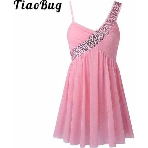 TiaoBug Kids Sequins Mesh Tutu Ballet Dress Girls Irregular Sleeveless Gymnastics Leotard Skating Dresses Lyrical Dance Costumes