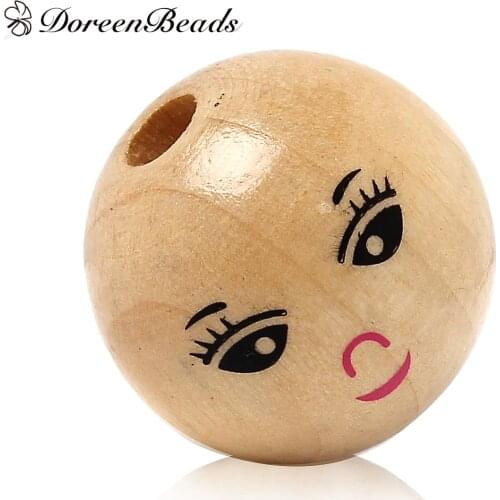 DoreenBeads 22mm Wood Spacer Beads Ball Natural Smile Pattern Loose Beads DIY Making Bracelets Necklace Beads Jewelry 30 PCs