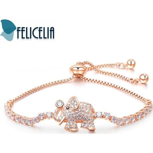 Felicelia Cute Elephant Cubic Zirconia Rhinestone Bracelet Rose Gold/ Silver Color Adjustable Chain Bracelet For Women Girls